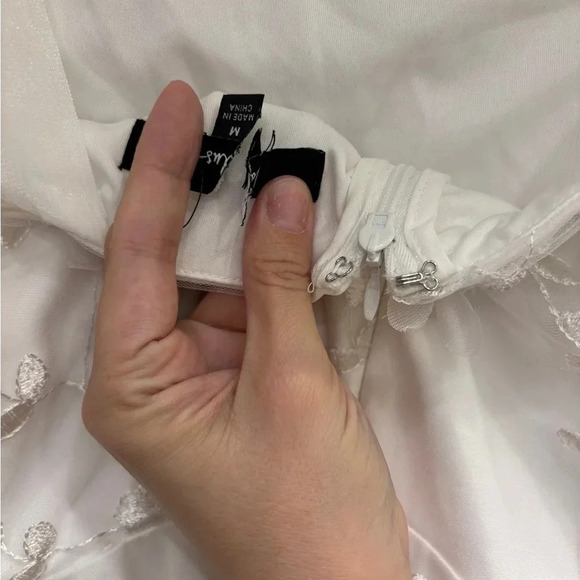 Size M - Lulus Divinely Adored White Embroidered Floral Tie-Strap Midi Dress - Picture 7 of 9